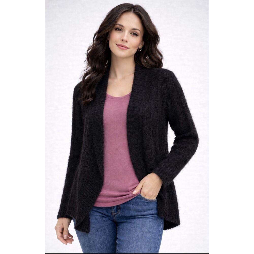 Amari Womens 14/16 Black Mohair Blend Open Front Cardigan Fuzzy Knit Sweater
